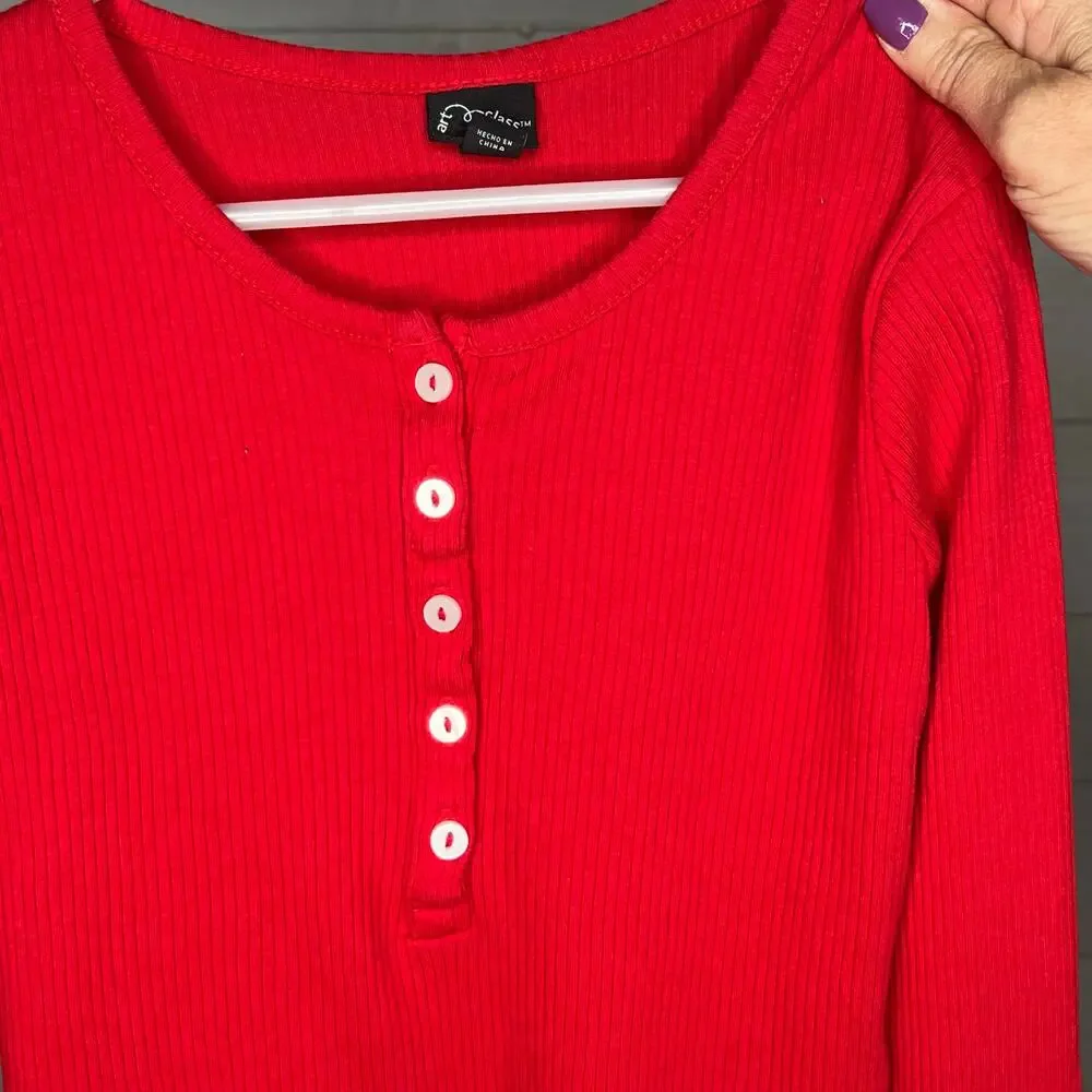 Art Class red ribbed long sleeve Henley  top girls size Large(10-12)